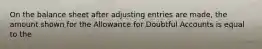 On the balance sheet after adjusting entries are made, the amount shown for the Allowance for Doubtful Accounts is equal to the