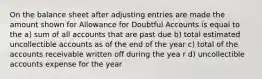 On the balance sheet after adjusting entries are made the amount shown for Allowance for Doubtful Accounts is equal to the a) sum of all accounts that are past due b) total estimated uncollectible accounts as of the end of the year c) total of the accounts receivable written off during the yea r d) uncollectible accounts expense for the year