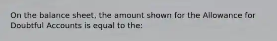 On the balance sheet, the amount shown for the Allowance for Doubtful Accounts is equal to the: