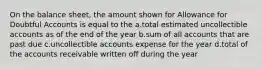 On the balance sheet, the amount shown for Allowance for Doubtful Accounts is equal to the a.total estimated uncollectible accounts as of the end of the year b.sum of all accounts that are past due c.uncollectible accounts expense for the year d.total of the accounts receivable written off during the year