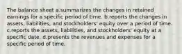 The balance sheet a.summarizes the changes in retained earnings for a specific period of time. b.reports the changes in assets, liabilities, and stockholders' equity over a period of time. c.reports the assets, liabilities, and stockholders' equity at a specific date. d.presents the revenues and expenses for a specific period of time.