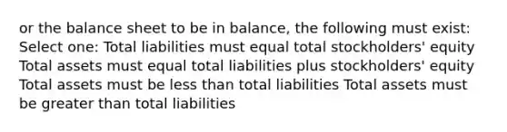 or the balance sheet to be in balance, the following must exist: Select one: Total liabilities must equal total stockholders' equity Total assets must equal total liabilities plus stockholders' equity Total assets must be less than total liabilities Total assets must be greater than total liabilities