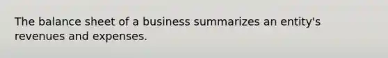 The balance sheet of a business summarizes an entity's revenues and expenses.