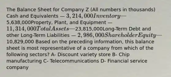 The Balance Sheet for Company Z (All numbers in thousands) Cash and Equivalents — 3,214,000Inventory —5,638,000Property, Plant, and Equipment — 11,314,000Total Assets —23,815,000Long-Term Debt and other Long-Term Liabilities — 2,986,000Shareholder Equity —10,829,000 Based on the preceding information, this balance sheet is most representative of a company from which of the following sectors? A- Discount variety store B- Chip manufacturing C- Telecommunications D- Financial service company