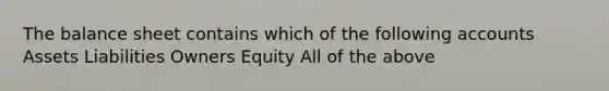 The balance sheet contains which of the following accounts Assets Liabilities Owners Equity All of the above