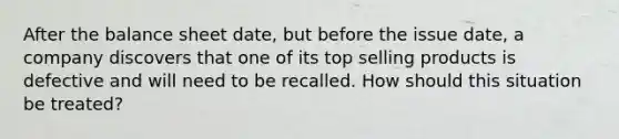 After the balance sheet date, but before the issue date, a company discovers that one of its top selling products is defective and will need to be recalled. How should this situation be treated?