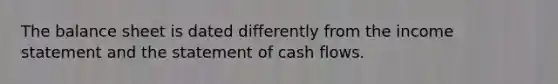 The balance sheet is dated differently from the income statement and the statement of cash flows.