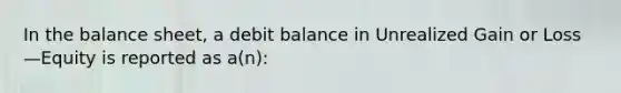 In the balance sheet, a debit balance in Unrealized Gain or Loss—Equity is reported as a(n):