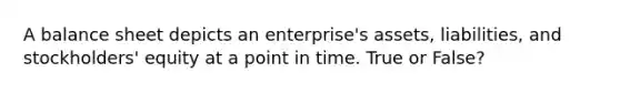 A balance sheet depicts an enterprise's assets, liabilities, and stockholders' equity at a point in time. True or False?