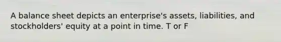 A balance sheet depicts an enterprise's assets, liabilities, and stockholders' equity at a point in time. T or F