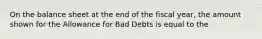 On the balance sheet at the end of the fiscal year, the amount shown for the Allowance for Bad Debts is equal to the