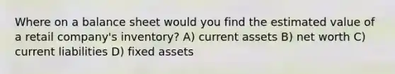 Where on a balance sheet would you find the estimated value of a retail company's inventory? A) current assets B) net worth C) current liabilities D) fixed assets