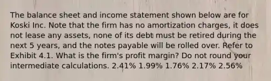 The balance sheet and income statement shown below are for Koski Inc. Note that the firm has no amortization charges, it does not lease any assets, none of its debt must be retired during the next 5 years, and the notes payable will be rolled over. Refer to Exhibit 4.1. What is the firm's profit margin? Do not round your intermediate calculations. 2.41% 1.99% 1.76% 2.17% 2.56%