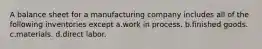 A balance sheet for a manufacturing company includes all of the following inventories except a.work in process. b.finished goods. c.materials. d.direct labor.