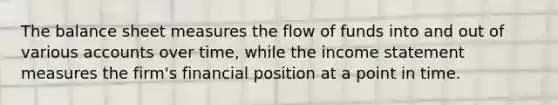 The balance sheet measures the flow of funds into and out of various accounts over time, while the <a href='https://www.questionai.com/knowledge/kCPMsnOwdm-income-statement' class='anchor-knowledge'>income statement</a> measures the firm's financial position at a point in time.