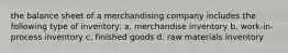 the balance sheet of a merchandising company includes the following type of inventory: a. merchandise inventory b. work-in-process inventory c. finished goods d. raw materials inventory