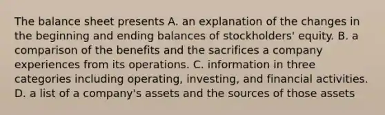 The balance sheet presents A. an explanation of the changes in the beginning and ending balances of stockholders' equity. B. a comparison of the benefits and the sacrifices a company experiences from its operations. C. information in three categories including operating, investing, and financial activities. D. a list of a company's assets and the sources of those assets