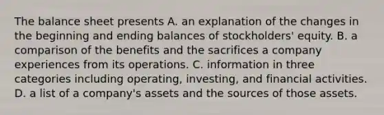 The balance sheet presents A. an explanation of the changes in the beginning and ending balances of stockholders' equity. B. a comparison of the benefits and the sacrifices a company experiences from its operations. C. information in three categories including operating, investing, and financial activities. D. a list of a company's assets and the sources of those assets.