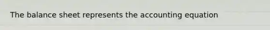 The balance sheet represents <a href='https://www.questionai.com/knowledge/k7UJ6J5ODQ-the-accounting-equation' class='anchor-knowledge'>the accounting equation</a>