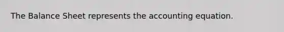The Balance Sheet represents <a href='https://www.questionai.com/knowledge/k7UJ6J5ODQ-the-accounting-equation' class='anchor-knowledge'>the accounting equation</a>.