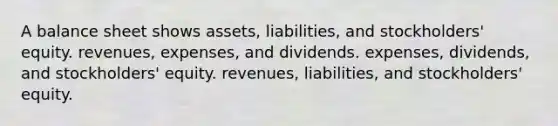 A balance sheet shows assets, liabilities, and stockholders' equity. revenues, expenses, and dividends. expenses, dividends, and stockholders' equity. revenues, liabilities, and stockholders' equity.