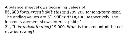 A balance sheet shows beginning values of 56,300 for current liabilities and289,200 for long-term debt. The ending values are 61,900 and318,400, respectively. The <a href='https://www.questionai.com/knowledge/kCPMsnOwdm-income-statement' class='anchor-knowledge'>income statement</a> shows interest paid of 29,700 and dividends of19,000. What is the amount of the net new borrowing?