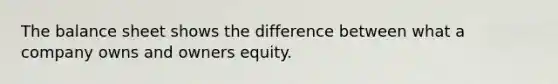 The balance sheet shows the difference between what a company owns and owners equity.