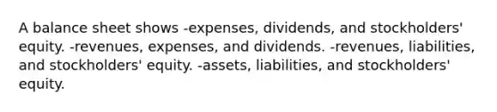 A balance sheet shows -expenses, dividends, and stockholders' equity. -revenues, expenses, and dividends. -revenues, liabilities, and stockholders' equity. -assets, liabilities, and stockholders' equity.