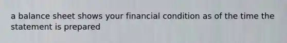 a balance sheet shows your financial condition as of the time the statement is prepared