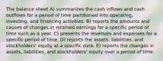 The balance sheet A) summarizes the cash inflows and cash outflows for a period of time partitioned into operating, investing, and financing activities. B) reports the amounts and causes of changes in retained earnings for a specific period of time such as a year. C) presents the revenues and expenses for a specific period of time. D) reports the assets, liabilities, and stockholders' equity at a specific date. E) reports the changes in assets, liabilities, and stockholders' equity over a period of time.