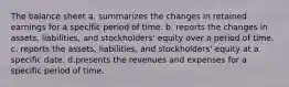 The balance sheet a. summarizes the changes in retained earnings for a specific period of time. b. reports the changes in assets, liabilities, and stockholders' equity over a period of time. c. reports the assets, liabilities, and stockholders' equity at a specific date. d.presents the revenues and expenses for a specific period of time.