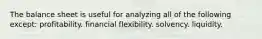 The balance sheet is useful for analyzing all of the following except: profitability. financial flexibility. solvency. liquidity.