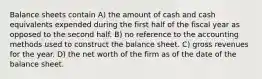 Balance sheets contain A) the amount of cash and cash equivalents expended during the first half of the fiscal year as opposed to the second half. B) no reference to the accounting methods used to construct the balance sheet. C) gross revenues for the year. D) the net worth of the firm as of the date of the balance sheet.