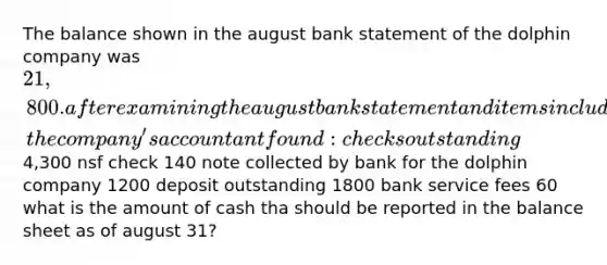 The balance shown in the august bank statement of the dolphin company was 21,800. after examining the august bank statement and items included with it, the company's accountant found: checks outstanding4,300 nsf check 140 note collected by bank for the dolphin company 1200 deposit outstanding 1800 bank service fees 60 what is the amount of cash tha should be reported in the balance sheet as of august 31?