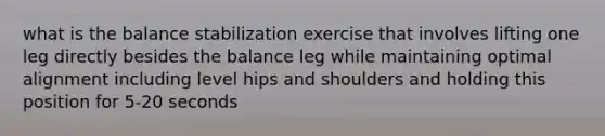 what is the balance stabilization exercise that involves lifting one leg directly besides the balance leg while maintaining optimal alignment including level hips and shoulders and holding this position for 5-20 seconds