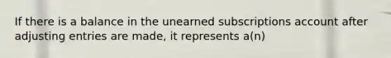 If there is a balance in the unearned subscriptions account after adjusting entries are made, it represents a(n)