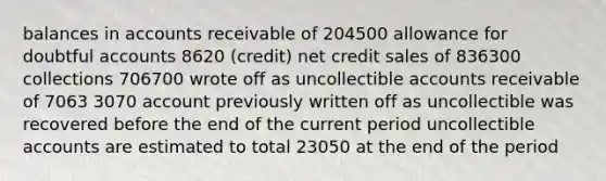 balances in accounts receivable of 204500 allowance for doubtful accounts 8620 (credit) net credit sales of 836300 collections 706700 wrote off as uncollectible accounts receivable of 7063 3070 account previously written off as uncollectible was recovered before the end of the current period uncollectible accounts are estimated to total 23050 at the end of the period