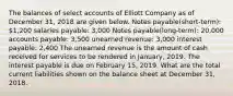 The balances of select accounts of Elliott Company as of December 31, 2018 are given below. Notes payable(short-term): 1,200 salaries payable: 3,000 Notes payable(long-term): 20,000 accounts payable: 3,500 unearned revenue: 3,000 interest payable: 2,400 The unearned revenue is the amount of cash received for services to be rendered in January, 2019. The interest payable is due on February 15, 2019. What are the total current liabilities shown on the balance sheet at December 31, 2018.