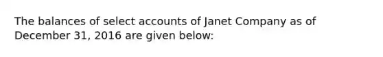 The balances of select accounts of Janet Company as of December 31, 2016 are given below: