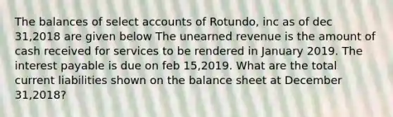 The balances of select accounts of Rotundo, inc as of dec 31,2018 are given below The unearned revenue is the amount of cash received for services to be rendered in January 2019. The interest payable is due on feb 15,2019. What are the total current liabilities shown on the balance sheet at December 31,2018?