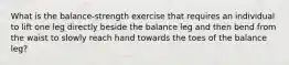 What is the balance-strength exercise that requires an individual to lift one leg directly beside the balance leg and then bend from the waist to slowly reach hand towards the toes of the balance leg?