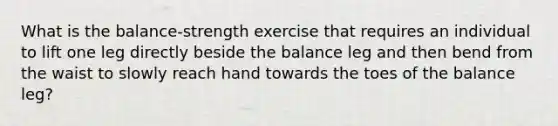 What is the balance-strength exercise that requires an individual to lift one leg directly beside the balance leg and then bend from the waist to slowly reach hand towards the toes of the balance leg?