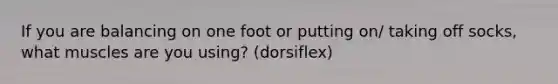 If you are balancing on one foot or putting on/ taking off socks, what muscles are you using? (dorsiflex)