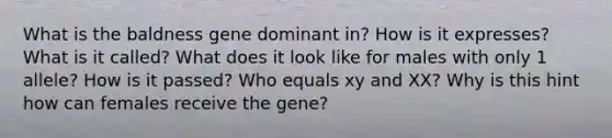 What is the baldness gene dominant in? How is it expresses? What is it called? What does it look like for males with only 1 allele? How is it passed? Who equals xy and XX? Why is this hint how can females receive the gene?