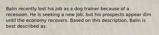 Balin recently lost his job as a dog trainer because of a recession. He is seeking a new job, but his prospects appear dim until the economy recovers. Based on this description, Balin is best described as: