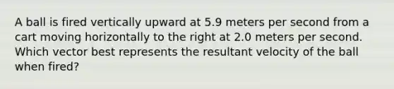 A ball is fired vertically upward at 5.9 meters per second from a cart moving horizontally to the right at 2.0 meters per second. Which vector best represents the resultant velocity of the ball when fired?