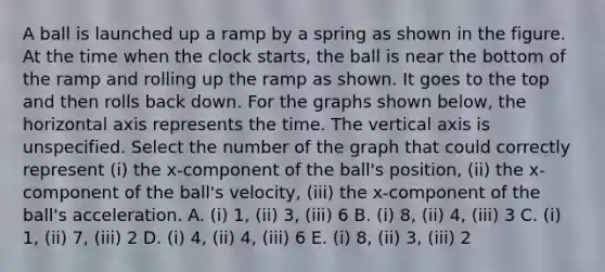 A ball is launched up a ramp by a spring as shown in the figure. At the time when the clock starts, the ball is near the bottom of the ramp and rolling up the ramp as shown. It goes to the top and then rolls back down. For the graphs shown below, the horizontal axis represents the time. The vertical axis is unspecified. Select the number of the graph that could correctly represent (i) the x-component of the ball's position, (ii) the x-component of the ball's velocity, (iii) the x-component of the ball's acceleration. A. (i) 1, (ii) 3, (iii) 6 B. (i) 8, (ii) 4, (iii) 3 C. (i) 1, (ii) 7, (iii) 2 D. (i) 4, (ii) 4, (iii) 6 E. (i) 8, (ii) 3, (iii) 2