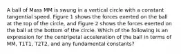 A ball of Mass MM is swung in a vertical circle with a constant tangential speed. Figure 1 shows the forces exerted on the ball at the top of the circle, and Figure 2 shows the forces exerted on the ball at the bottom of the circle. Which of the following is an expression for the centripetal acceleration of the ball in terms of MM, T1T1, T2T2, and any fundamental constants?