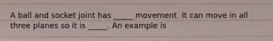 A ball and socket joint has _____ movement. It can move in all three planes so it is _____. An example is