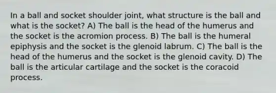 In a ball and socket shoulder joint, what structure is the ball and what is the socket? A) The ball is the head of the humerus and the socket is the acromion process. B) The ball is the humeral epiphysis and the socket is the glenoid labrum. C) The ball is the head of the humerus and the socket is the glenoid cavity. D) The ball is the articular cartilage and the socket is the coracoid process.